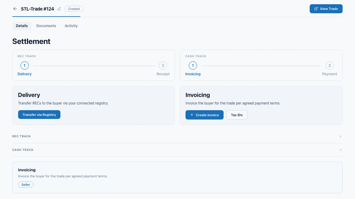 Innovo settlement page for a renewable-energy trade, showing REC delivery and cash invoicing steps with controls to transfer certificates and create an invoice.